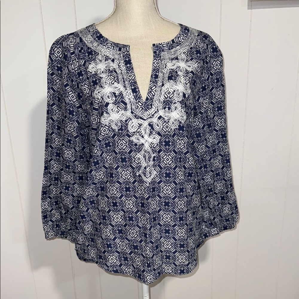 J. Crew Navy and White Patterned Tunic